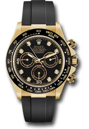 Replica Rolex Yellow Gold Cosmograph Daytona 40 Watch 116518LN Black Diamond Dial - Black Oysterflex Strap - Click Image to Close
